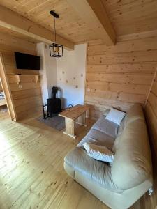 een woonkamer met een bank in een houten kamer bij Dom Sidzina in Sidzina