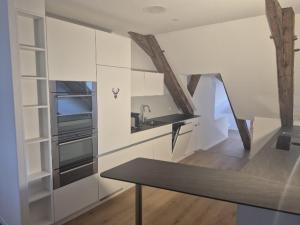 a kitchen with a counter and a sink and a table at NRAR Hotel Hirschen in Beromünster