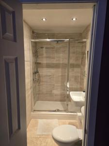 a bathroom with a shower and a toilet and a sink at IVY House in Edinburgh
