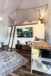 a room with a loft bed and a ladder at Tiché místo Glamping in Slapy