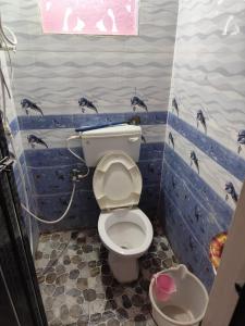 a bathroom with a toilet in a room with spiders on the wall at Rising Surya Homestay in Kushālnagar