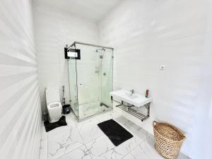 a bathroom with a shower and a toilet and a sink at Amuji Accommodation and Apartments in Vilanculos +24 photos