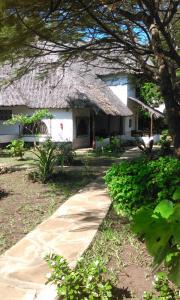 a house with a thatched roof and a sidewalk at Diani Banda Cottages in Diani Beach