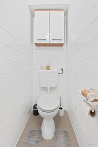 ein weißes Badezimmer mit Toilette und Waschbecken in der Unterkunft Big 1 Bedroom Apartment near Airport & City Center in Schwechat