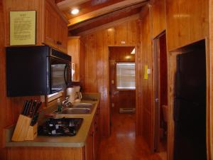 a kitchen with a sink and a tv on the wall at Idyllwild Camping Resort Cabin in Idyllwild