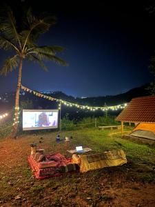 un canapé posé sur l'herbe sous un palmier avec un écran dans l'établissement TauSco Homestay & Campsite - Coorg, à Madikeri