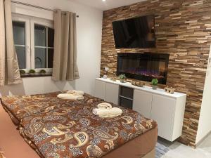 a bedroom with a bed and a flat screen tv at Saras Weinchalet in Guntersblum