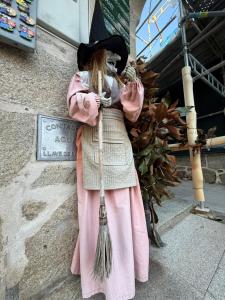 eine Puppe im Hexenkostüm, die einen Besen hält in der Unterkunft Ático Pequeño Paraíso Combarro in Combarro