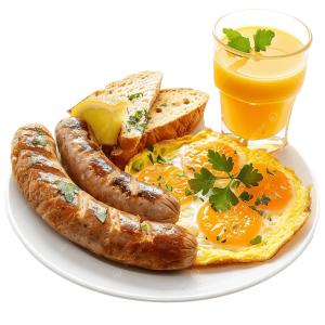 ein Teller Frühstücksspeisen mit Würstchen, Brot und Orangensaft in der Unterkunft Rhino Spot Resort in Meghauli