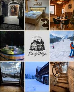 een collage van foto's van een hotel en een skigebied bij Apartmány Starý mlyn in Habovka