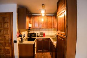 a kitchen with wooden cabinets and a sink and a refrigerator at LAB Cottage in Madonna di Campiglio