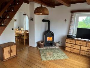 un salon avec une cheminée et une télévision dans l'établissement Chata Hůrka, à Horní Planá