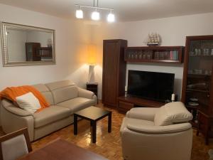 un soggiorno con un divano e una TV di Apartament na Wybickiego a Toruń