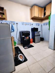 eine Küche mit einem Herd, auf dem ein Teller auf dem Boden steht in der Unterkunft Smiley Stay in Nakuru + 4 Fotos