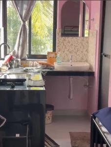 een badkamer met een wastafel en een spiegel bij Sadafuli Guest House Assagao in Assagao