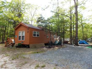 a wooden cabin in the middle of a forest at Sea Pines Park Model 1 in Swainton