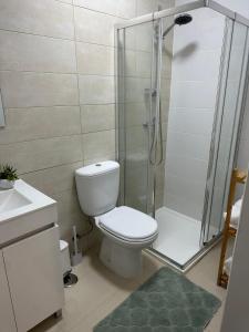 a bathroom with a shower and a toilet and a sink at Refúgio do Ribeirinho in Paredes de Coura +24 photos