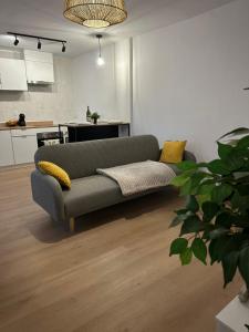 een woonkamer met een bank en een keuken bij Refúgio do Ribeirinho in Paredes de Coura