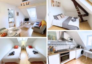 three pictures of a bedroom and a living room at Gîte cosy et paisible près de La Mongie in Campan