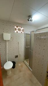 een badkamer met een toilet en een douche. bij FLOR DE ARUANDA - Hostel e Acampamento in Cabo de Santo Agostinho