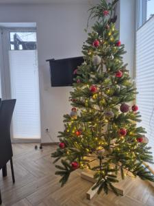 a christmas tree sitting in a living room at Domek Noclegowy JoWish in Strachocina