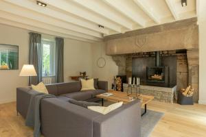 ein Wohnzimmer mit Sofa und Kamin in der Unterkunft Renovated Stone House In Normandy in Sourdeval-les-Bois