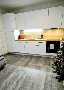 a kitchen with white cabinets and a christmas tree at MamaStay Andel Apartments in Prague +58 photos