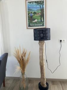 a lamp in a room with a picture on the wall at Maison Gure Chokoa Pays Basque in Bardos