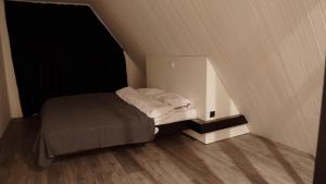 a small bedroom with a bed in an attic at Rancho in Ladyzhyn +24 photos
