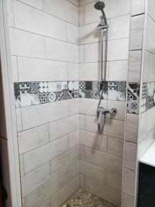 een badkamer met een douche met een glazen deur bij Camping Hôtel Les Airelles Montagne Ardéchoise in Saint-Cirgues-en-Montagne