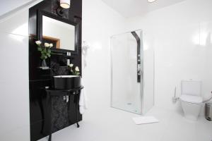 a bathroom with a glass shower and a toilet at Hotel Nysa in Nysa +31 photos