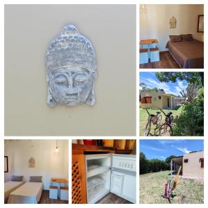un collage di foto con una statua di una testa di Camote Casa de Mar Tinys House a La Estafeta