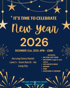 a flyer for a new year celebration with fireworks at Fancy Hostel and Bar in Ha Long