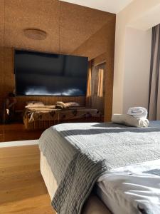 a bedroom with a flat screen tv and a bed at The Gallery Apartment in Prishtinë