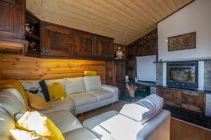 a living room with a couch and a television at Chalet Mazze in Bettmeralp