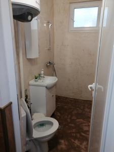 a bathroom with a toilet and a sink and a window at Апартамент Light blue in Troyan