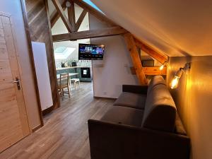 un salon avec un canapé et une cuisine dans l'établissement L'Augustine - Le Cuchet, à Saint Avre la Chambre