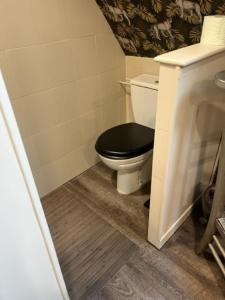 a bathroom with a toilet with a black lid at Chambre d'hôte chez Hélène in Kaysersberg