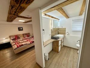 een slaapkamer met een bed en een badkamer met een wastafel bij Schwarzwald Residenz in Bad Dürrheim +85 foto's