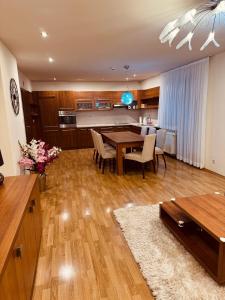 een eetkamer en keuken met een tafel en stoelen bij Vila Janka in Spišské Hanušovce