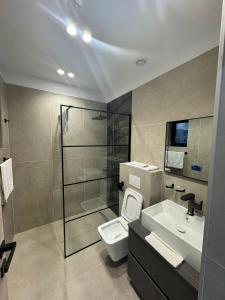 ein Badezimmer mit Dusche, Toilette und Waschbecken in der Unterkunft KNIGHT Resort in Voluntari