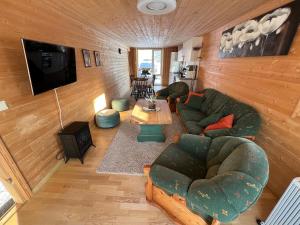 ein Wohnzimmer mit zwei Sofas und einem Flachbildfernseher in der Unterkunft Cozy Mountain Cabin in Senja in Senja