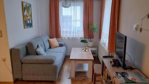 een woonkamer met een bank en een tafel bij Haus Lüftleck in Lunz am See