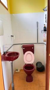 a bathroom with a red toilet and a sink at D'pinggir Guest Room in Kuala Tahan +22 photos