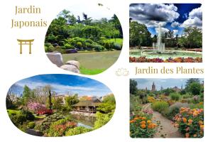 vier Bilder eines Parks mit Blumen und einem Brunnen in der Unterkunft Le Montaigne - Parking inclus, Tramway et MEET in Blagnac