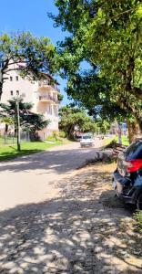 een auto geparkeerd onder een boom in een straat bij Duplex Gesell in Villa Gesell