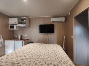 een slaapkamer met een bed en een flatscreen-tv bij Studnature in Dunes +24 foto's