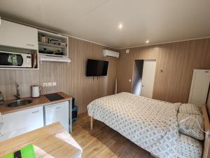 een kleine slaapkamer met een bed en een wastafel bij Studnature in Dunes