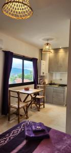 a living room with a table and a kitchen at EmBruHadas Violet in San Salvador de Jujuy
