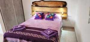a bedroom with a bed with purple sheets and pillows at EmBruHadas Violet in San Salvador de Jujuy